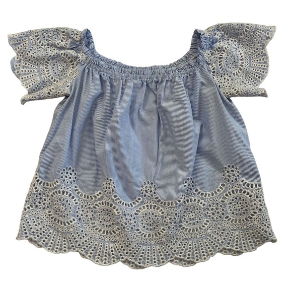 Liberty Love Tops - Liberty Love Womens Blue & White Stripe Embroidered Ruffle Sleeve Blouse 176